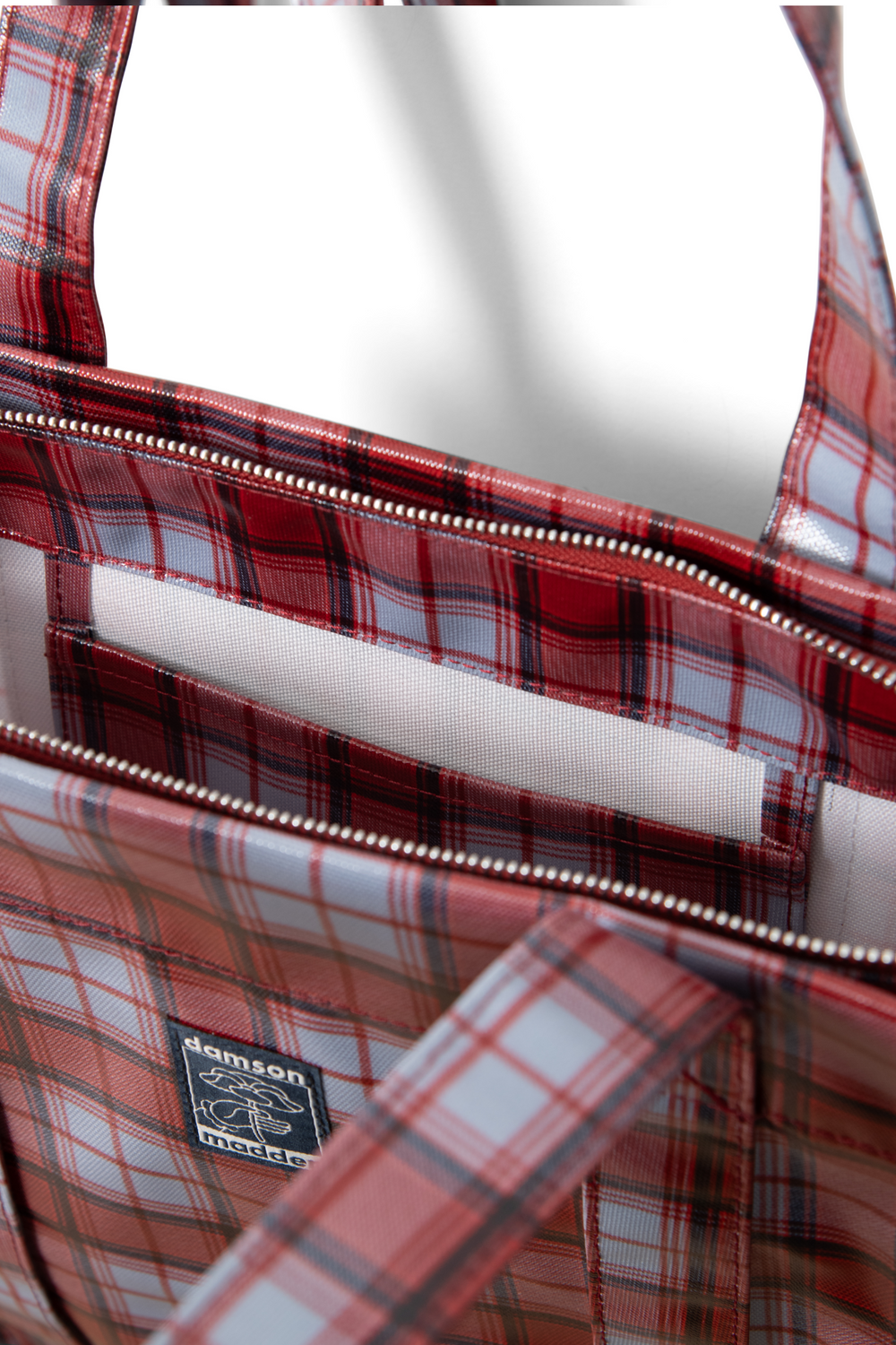 Coated market bag in blue fog multi check