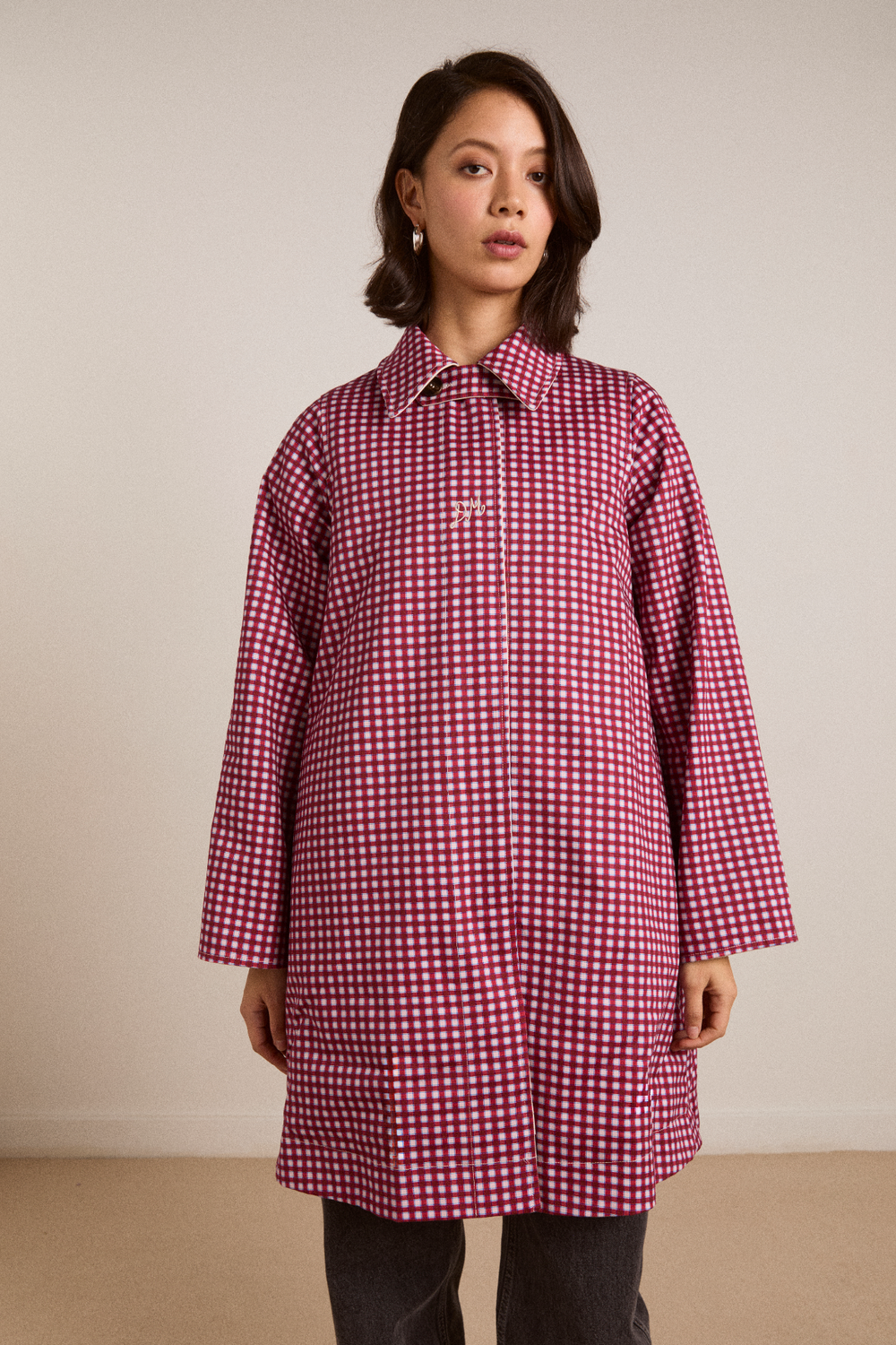 mercedes bow reversible trench - gingham & ecru