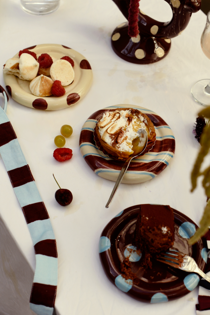 hand painted butter yellow burgundy spot saucer