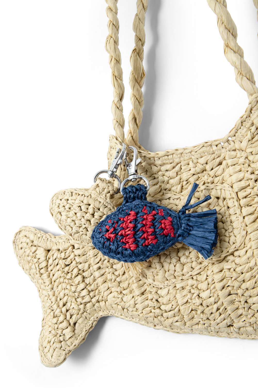 raffia fish bag charm - blue & red stripe