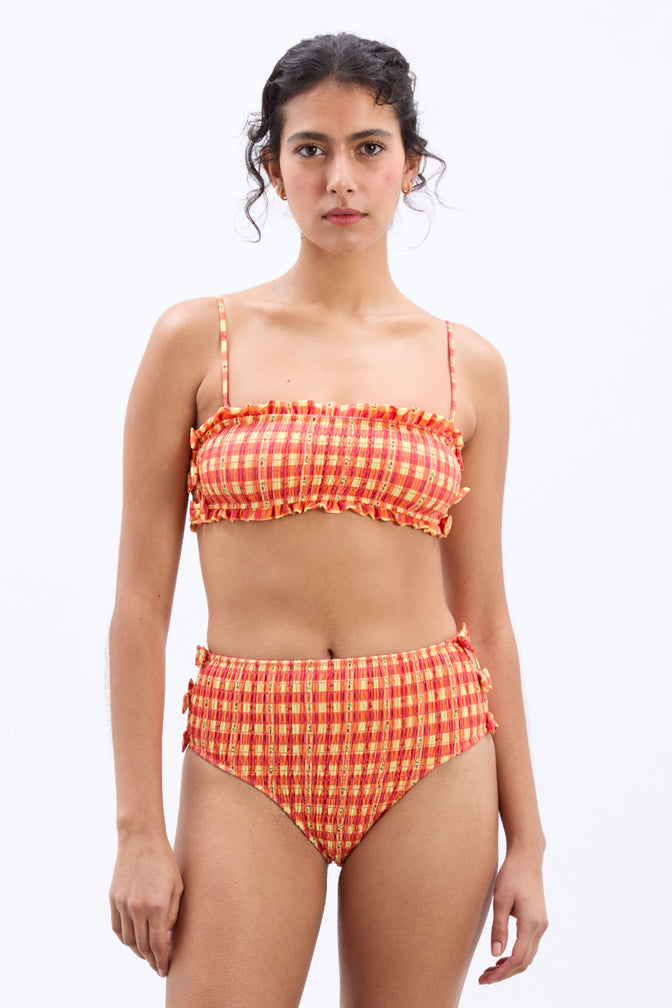 Shirred Bow Bikini Top - Orange Gingham