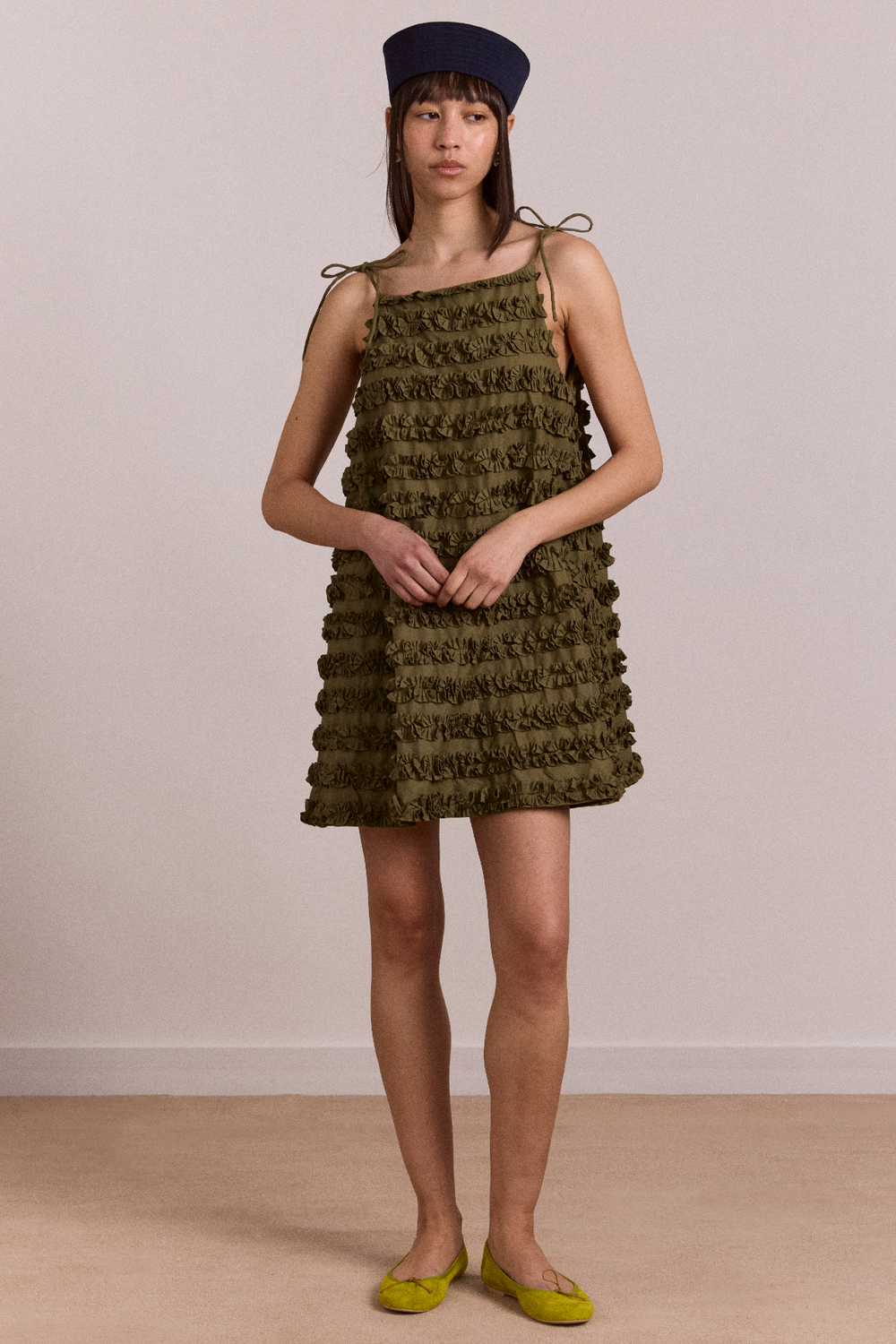 Damson Madder - Leili Ruffle Mini Dress- Olive - Size 14 Damson Madder - Leili Ruffle Mini Dress- Olive - Size 14