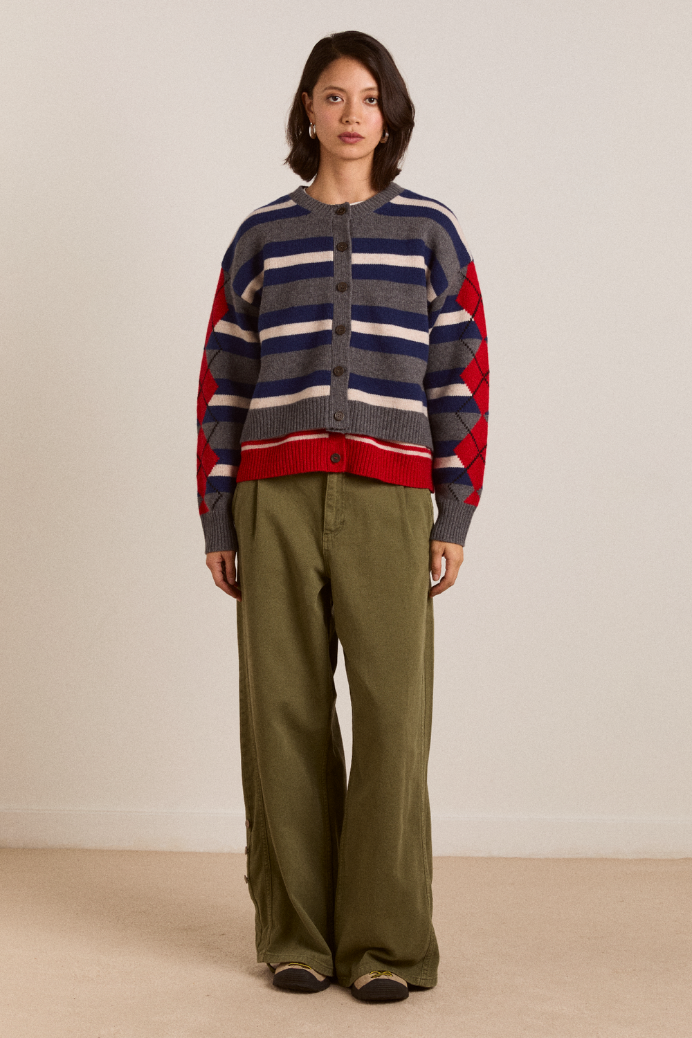 didi merino wool double cardigan - navy argyle & stripe