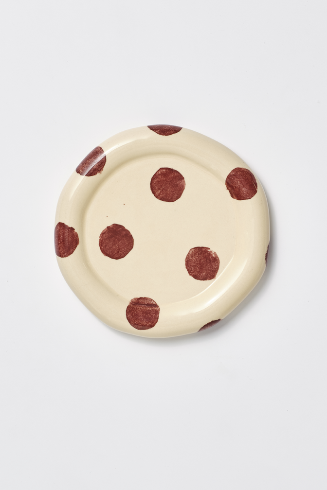 hand painted butter yellow burgundy spot saucer
