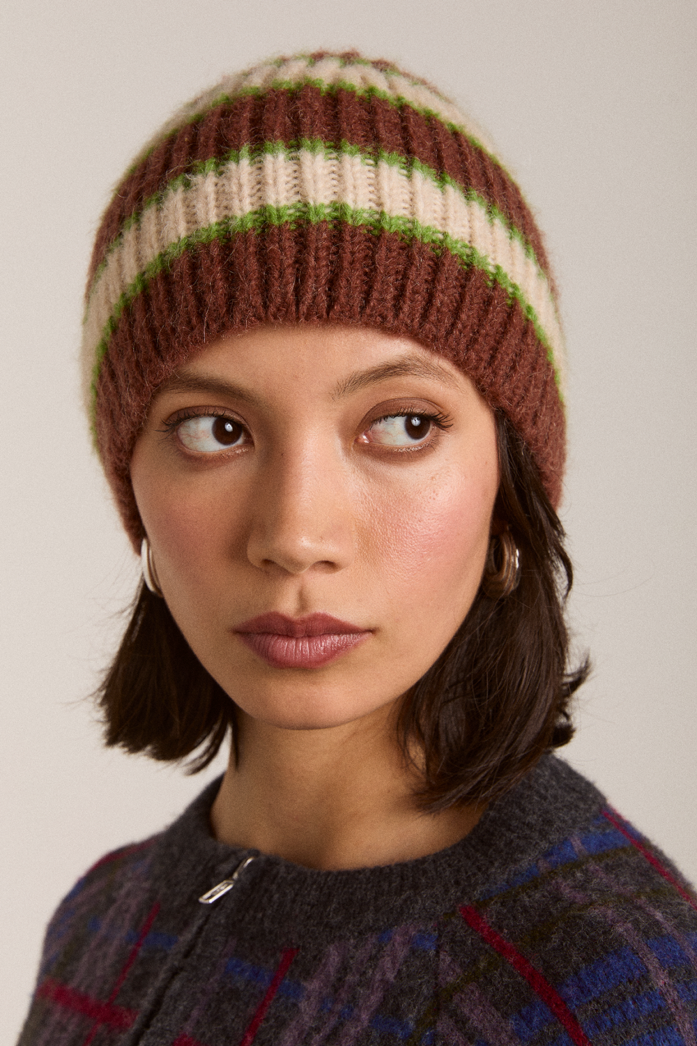 stripe beanie - oat/burg/lime