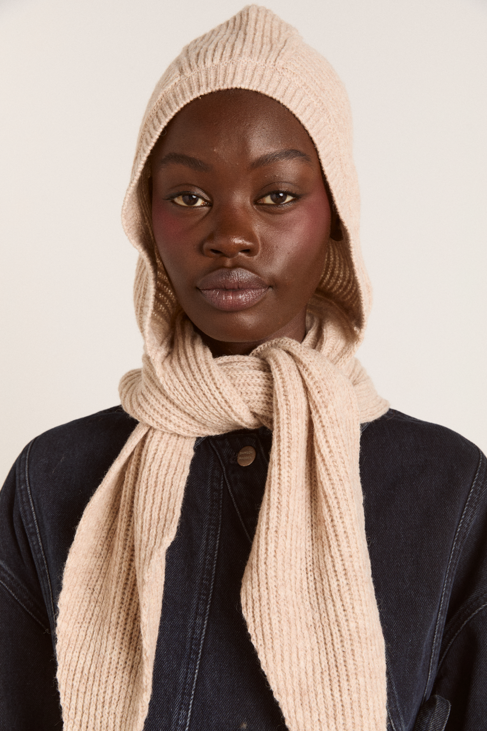 tie front hood with pom pom detail - oatmeal