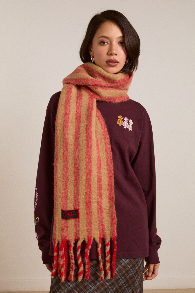 fluffy stripe scarf in red & camel stripe