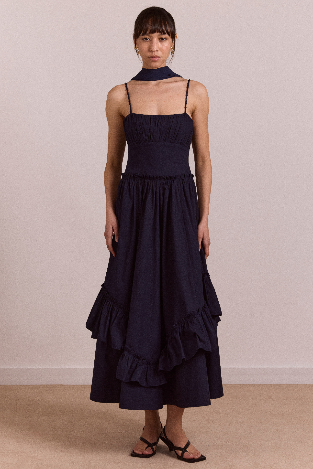 Juno Midi Dress With Sheer Scarf- Navy – Damson Madder
