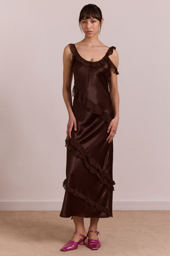 pre-order carmen midi ruffle dress with sheer top - choc