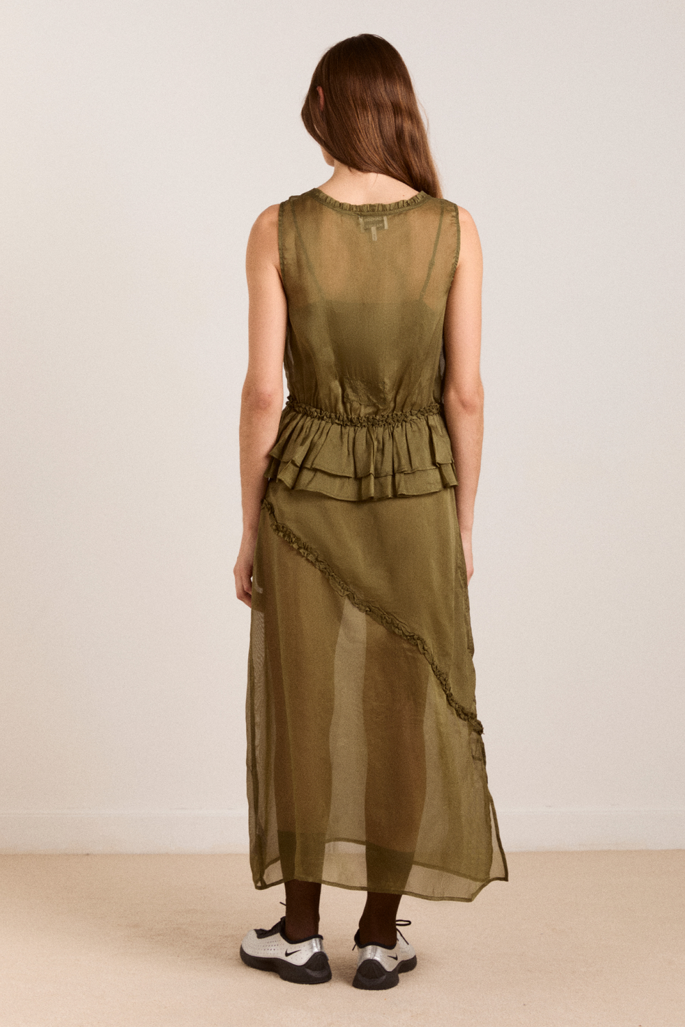 Damson Madder - Sasha Ruffle Slip Dress With Cami - Sheer Olive - Size 10 Damson Madder - Sasha Ruffle Slip Dress With Cami - Sheer Olive - Size 10