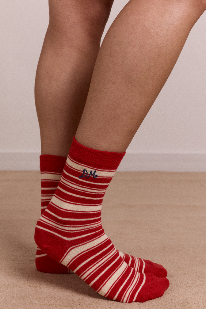 calf length socks - cream & red stripe