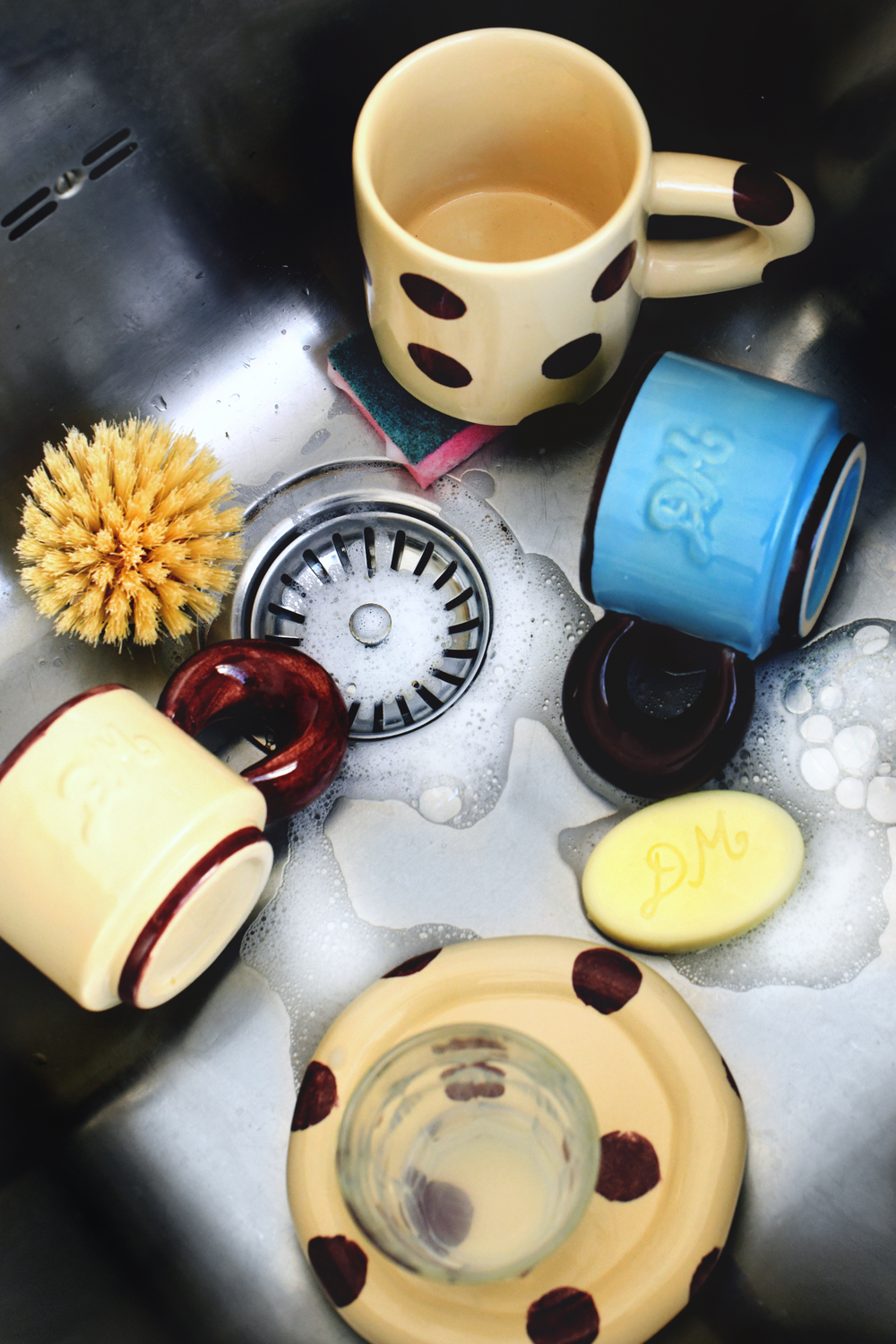 hand painted butter yellow burgundy spot saucer