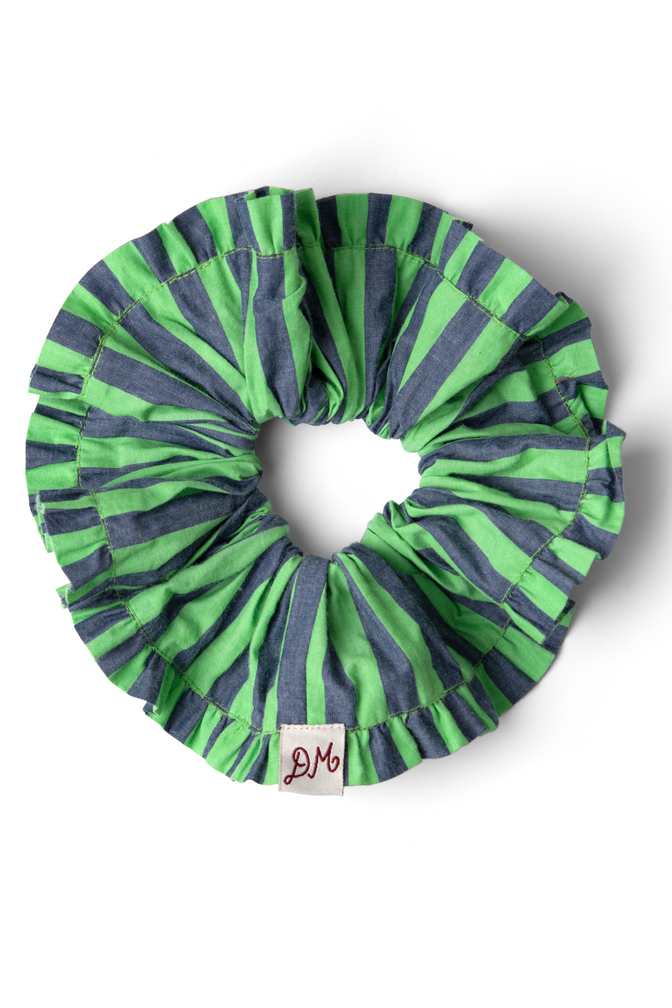 frill edge scrunchie - navy pop green stripe
