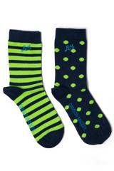 2 pack calf length socks - navy/green stripe/spot