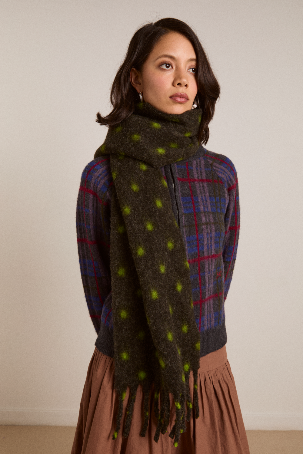 brushed oversized scarf in charcoal & lime spot