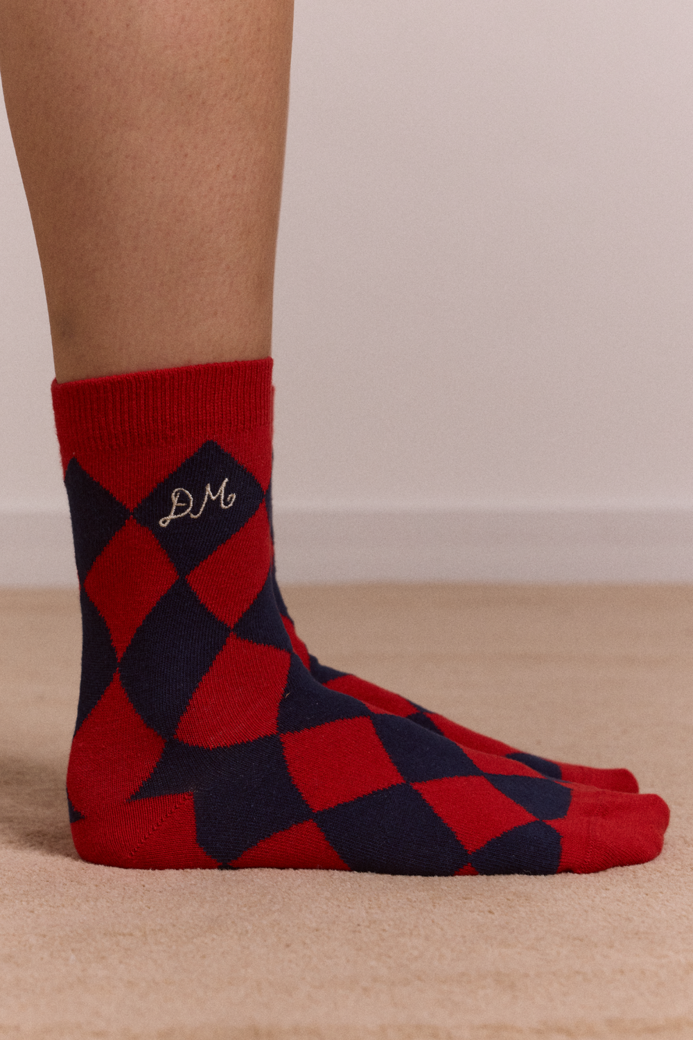 calf length socks - navy & red harlequin