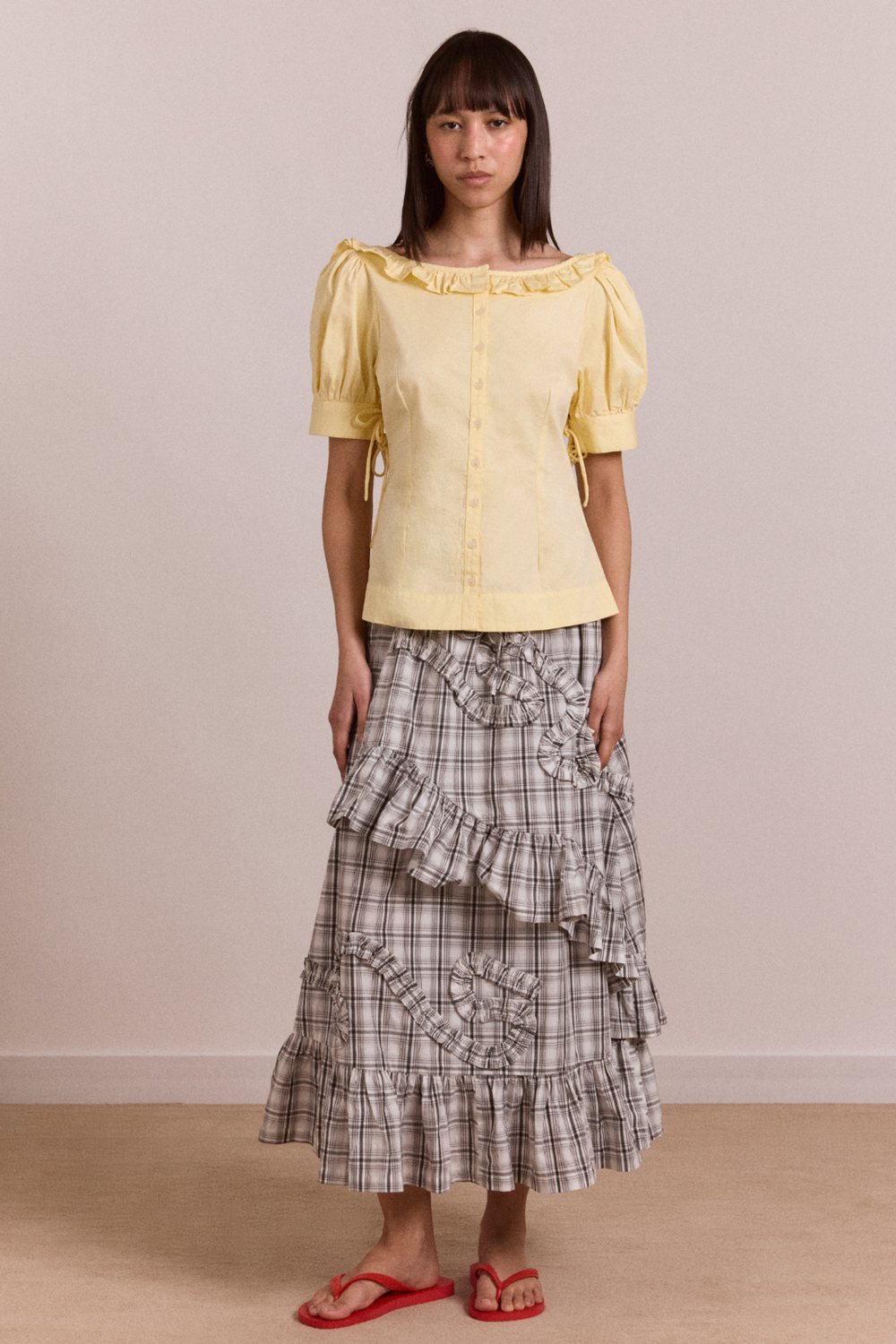 Catie Ruffle Midi Skirt - Greyscale Check – Damson Madder Catie Ruffle Midi Skirt - Greyscale Check – Damson Madder
