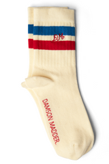 sporty calf length socks in cream - blue & red stripe