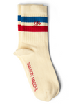 sporty calf length socks in cream - blue & red stripe