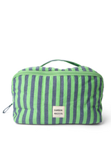 quilted make up bag - navy pop green stripe