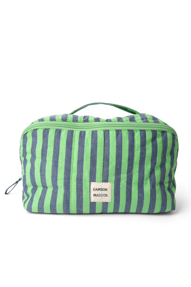 quilted make up bag - navy pop green stripe
