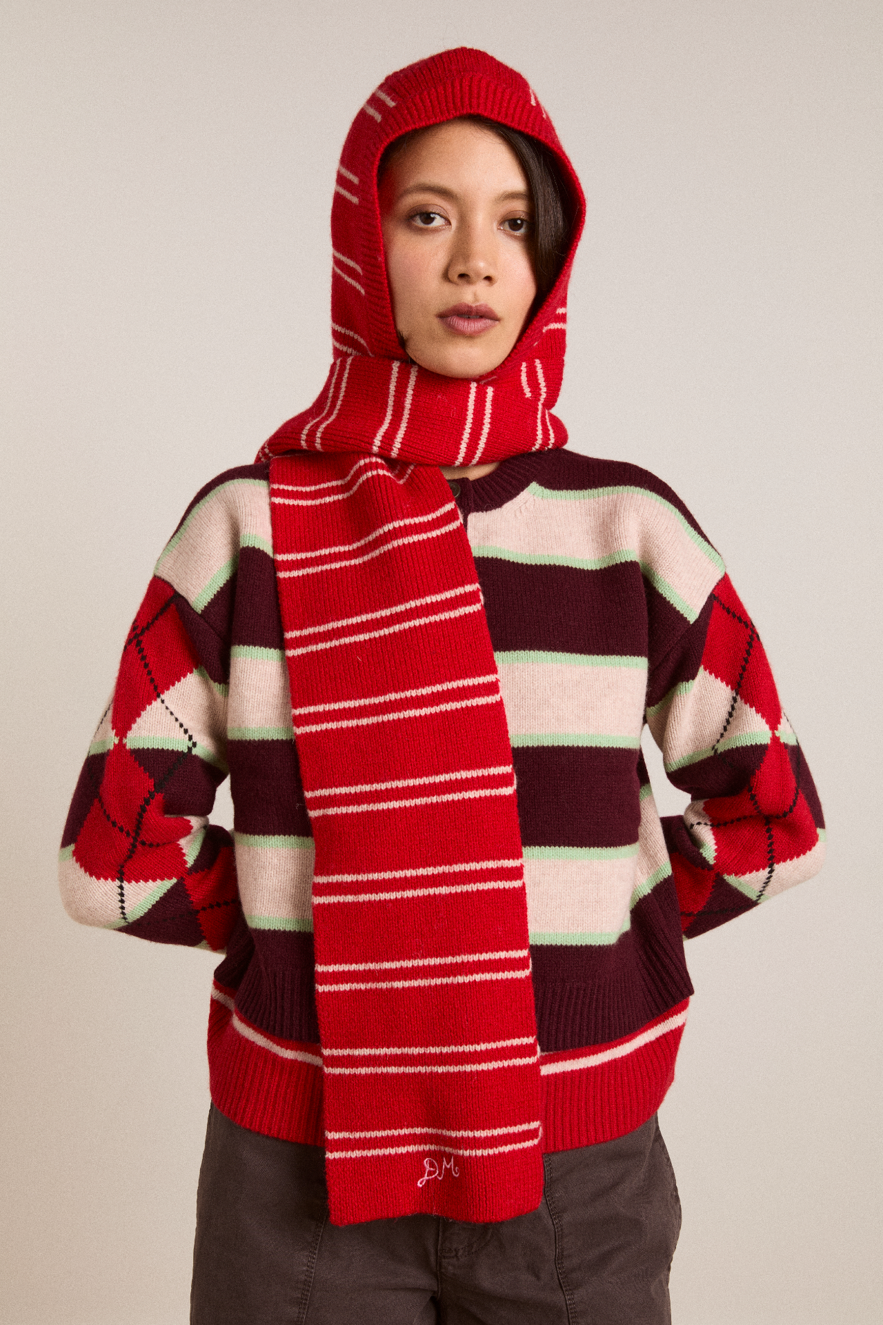 Hooded Scarf - Red & Oatmeal Stripe – Damson Madder