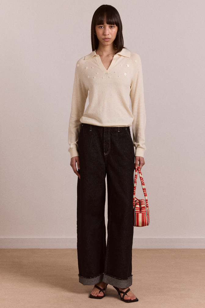 silvia cotton merino blend button knitted top - cream