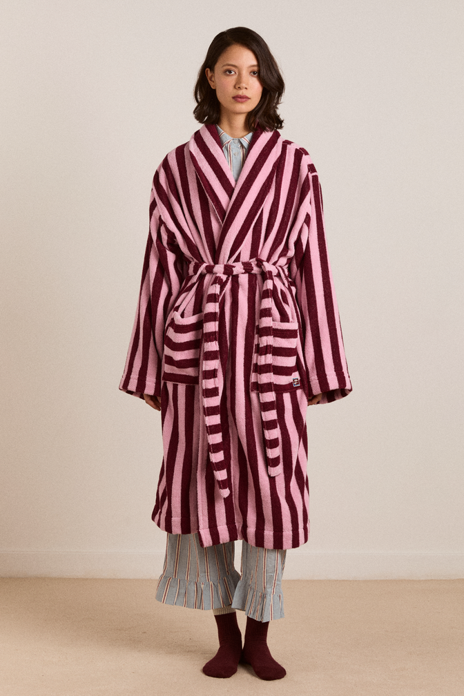towelling robe - burgundy stripe