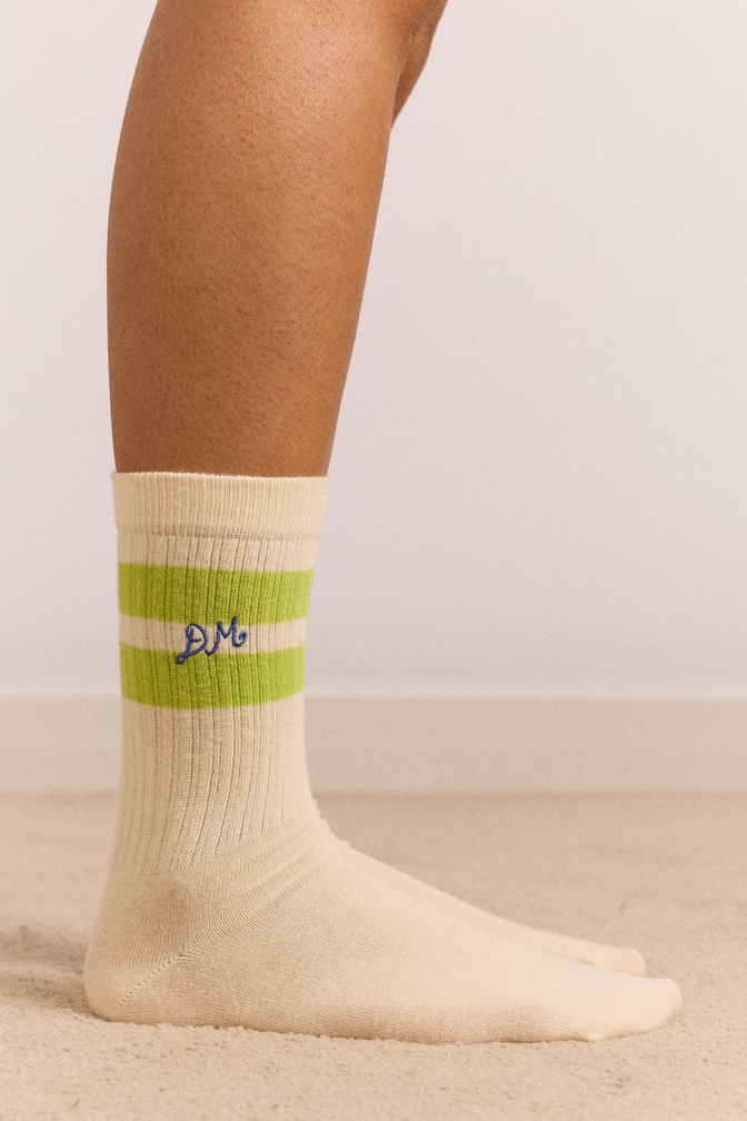 Sporty Calf Length Socks - Cream with Chartreuse Stripe