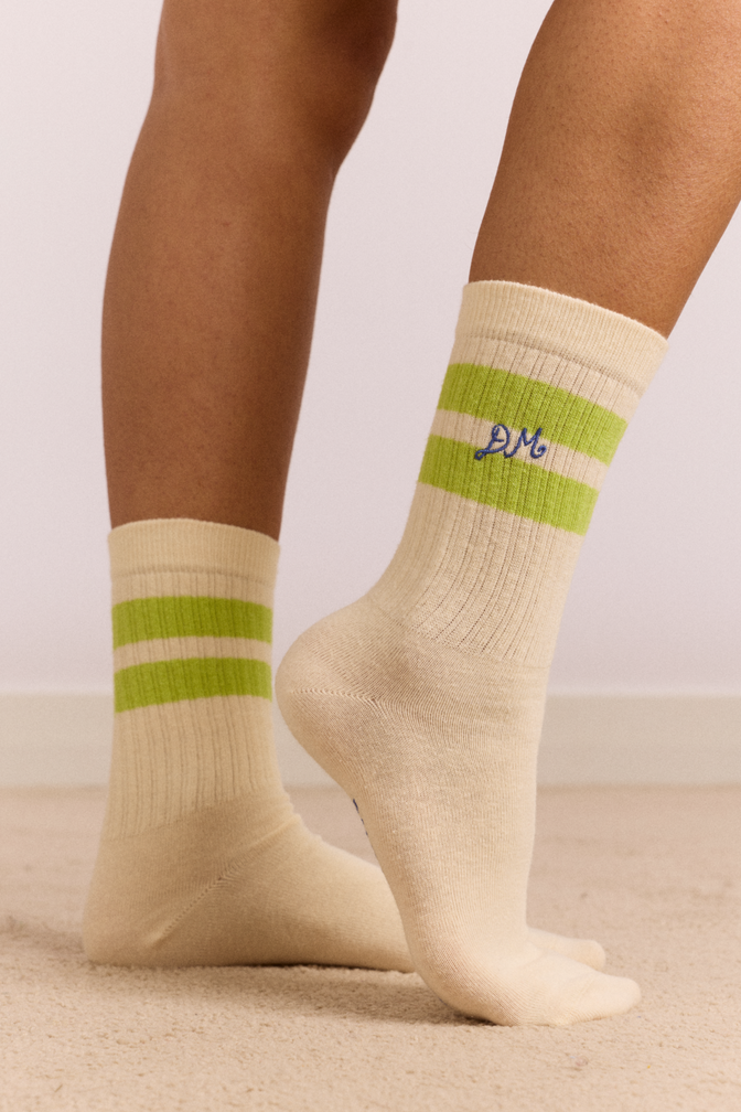 Sporty Calf Length Socks - Cream with Chartreuse Stripe