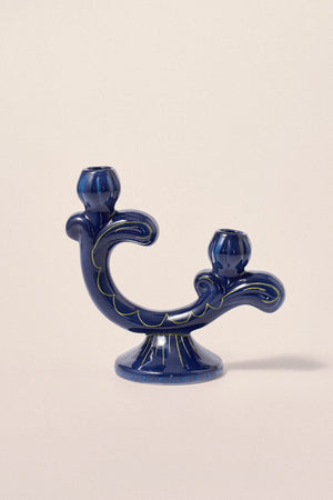 Hand Painted Ceramic Candelabra- Navy