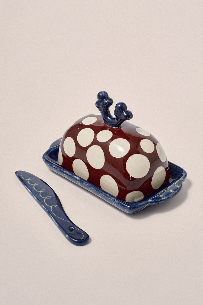 Hand Painted Set Of Two Butter Dish & Knife