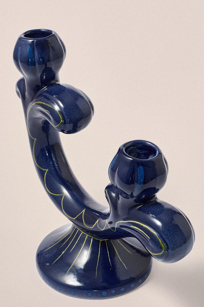 Hand Painted Ceramic Candelabra- Navy