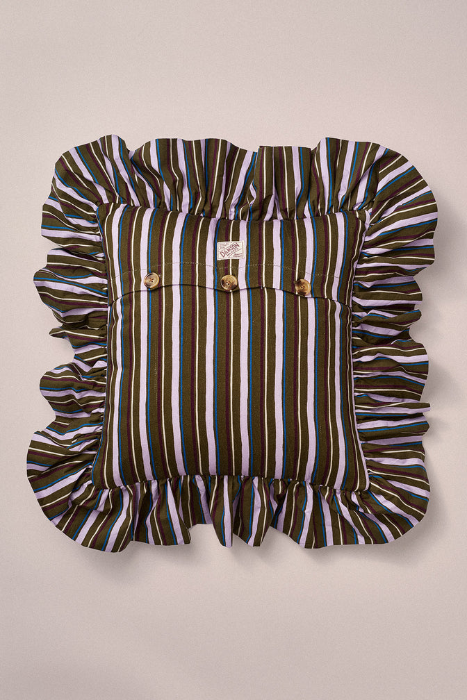 Ruffle Detail Cushion- Olive  Stripe