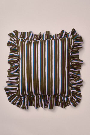 Ruffle Detail Cushion- Olive  Stripe