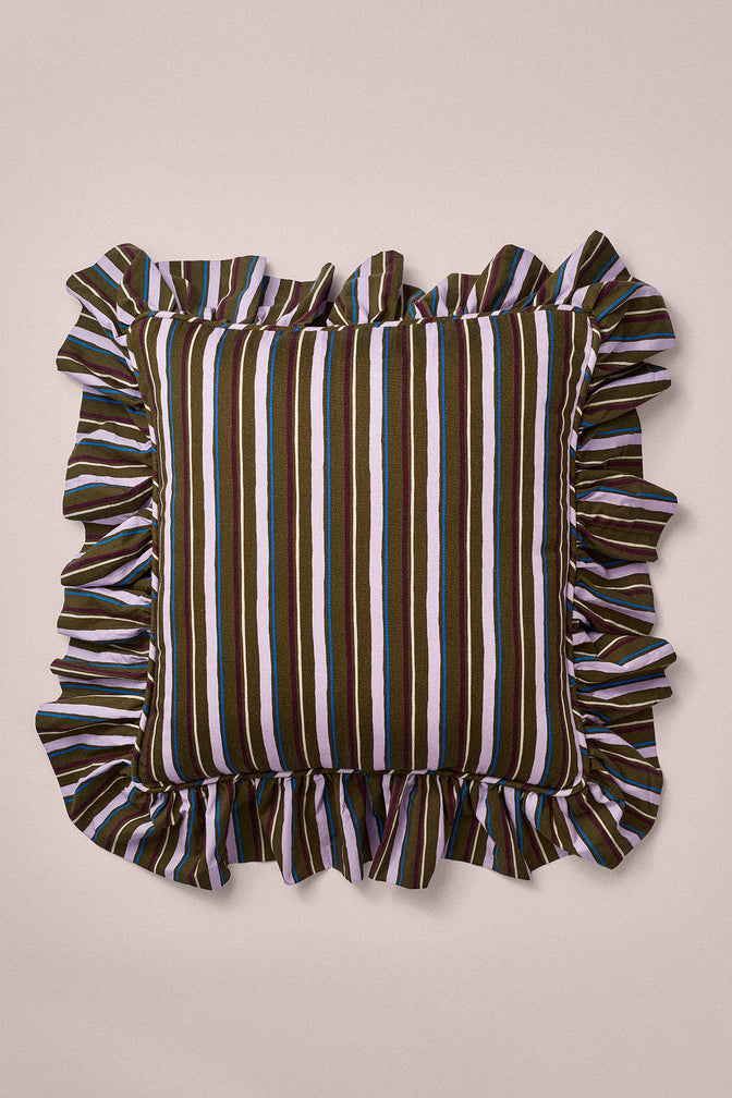 Ruffle Detail Cushion- Olive  Stripe