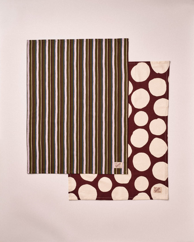 Set Of Two Tea Towels- Burg Spot /Olive Stripe