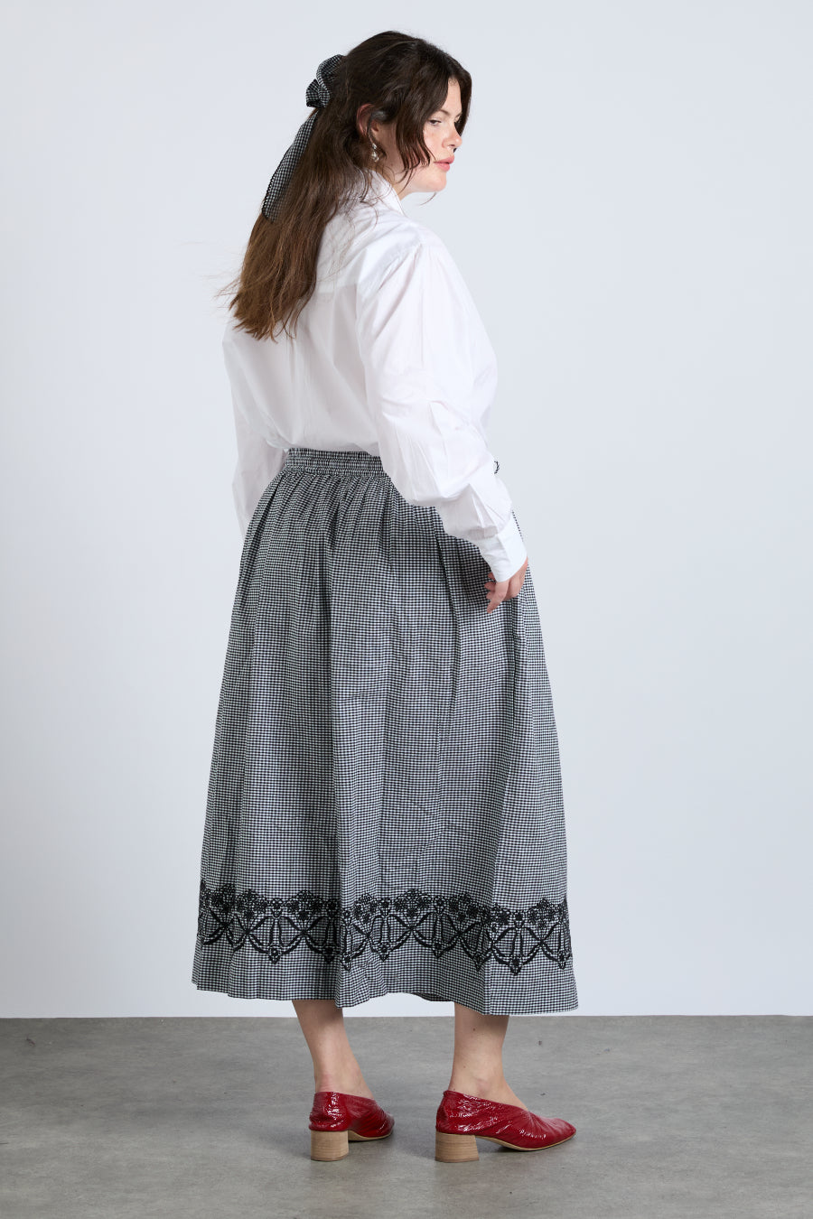 Black gingham midi skirt hotsell