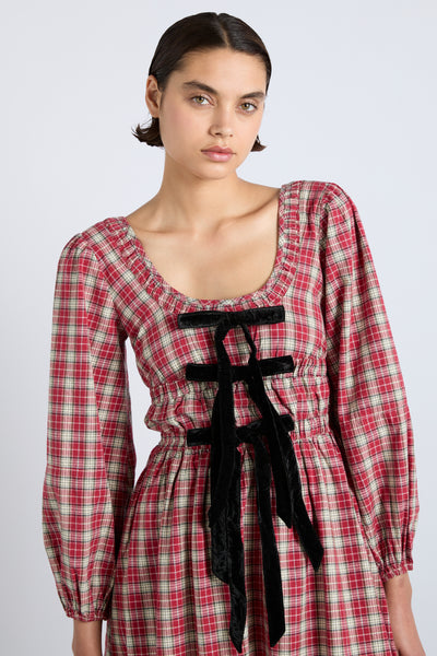 dakota bow midi dress - tartan