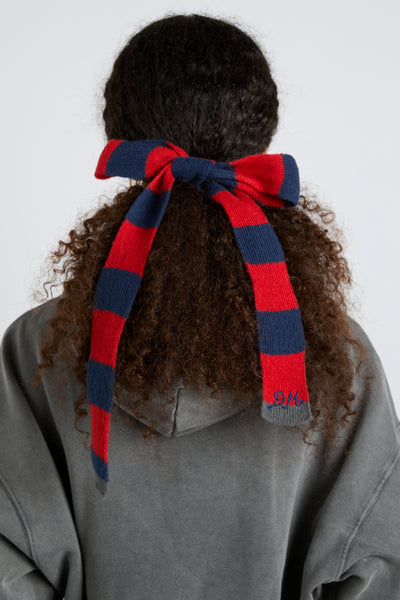 knitted hair bow in stripe - navy & red