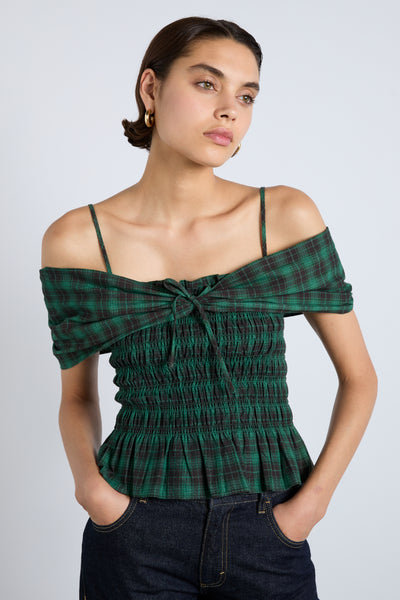 elsa shirred bardot cami - green check