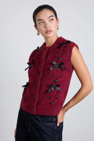 aggie knit vest with bows- burgundy cable