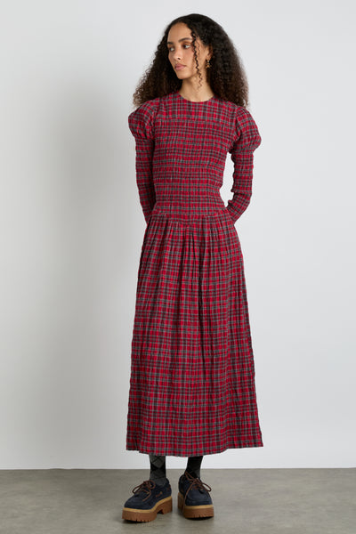 alice shirred midi dress- red check