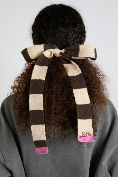 knitted hair bow in stripe - ecru & choc