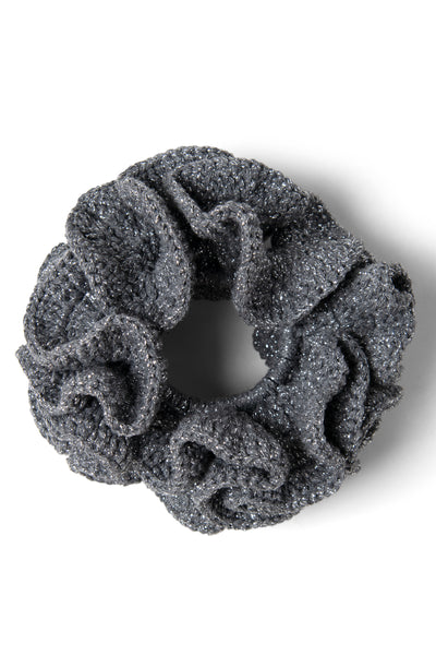 handmade wiggle crochet scrunchie in silver metallic knit