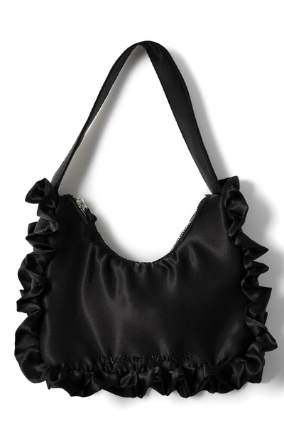 90s frill shoulder bag in satin - black