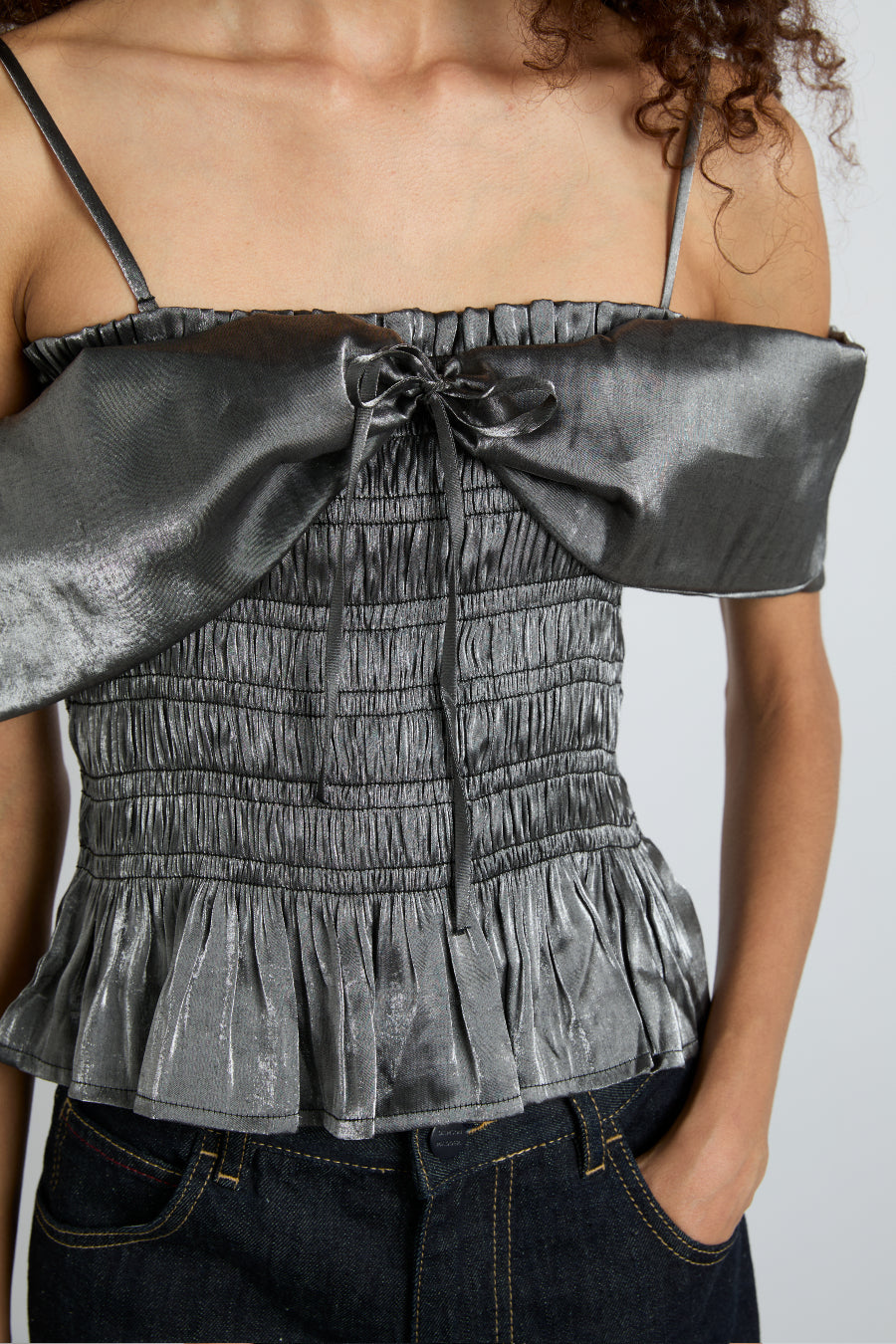 elsa shirred bardot cami - grey glass satin – Damson Madder