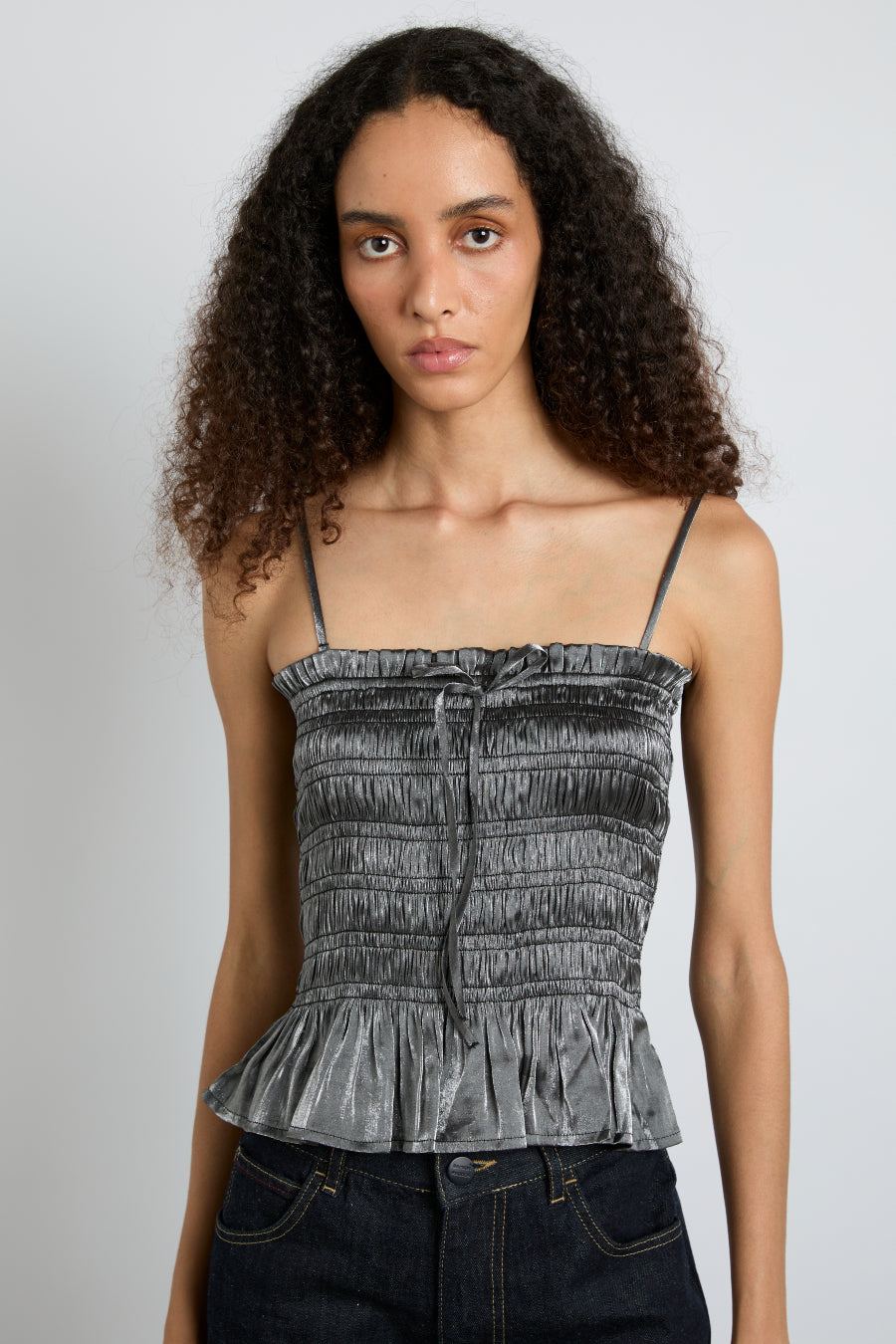 elsa shirred bardot cami - grey glass satin – Damson Madder