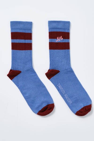 calf length socks - blue & burgundy stripe