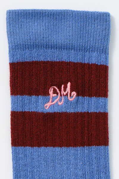 calf length socks - blue & burgundy stripe